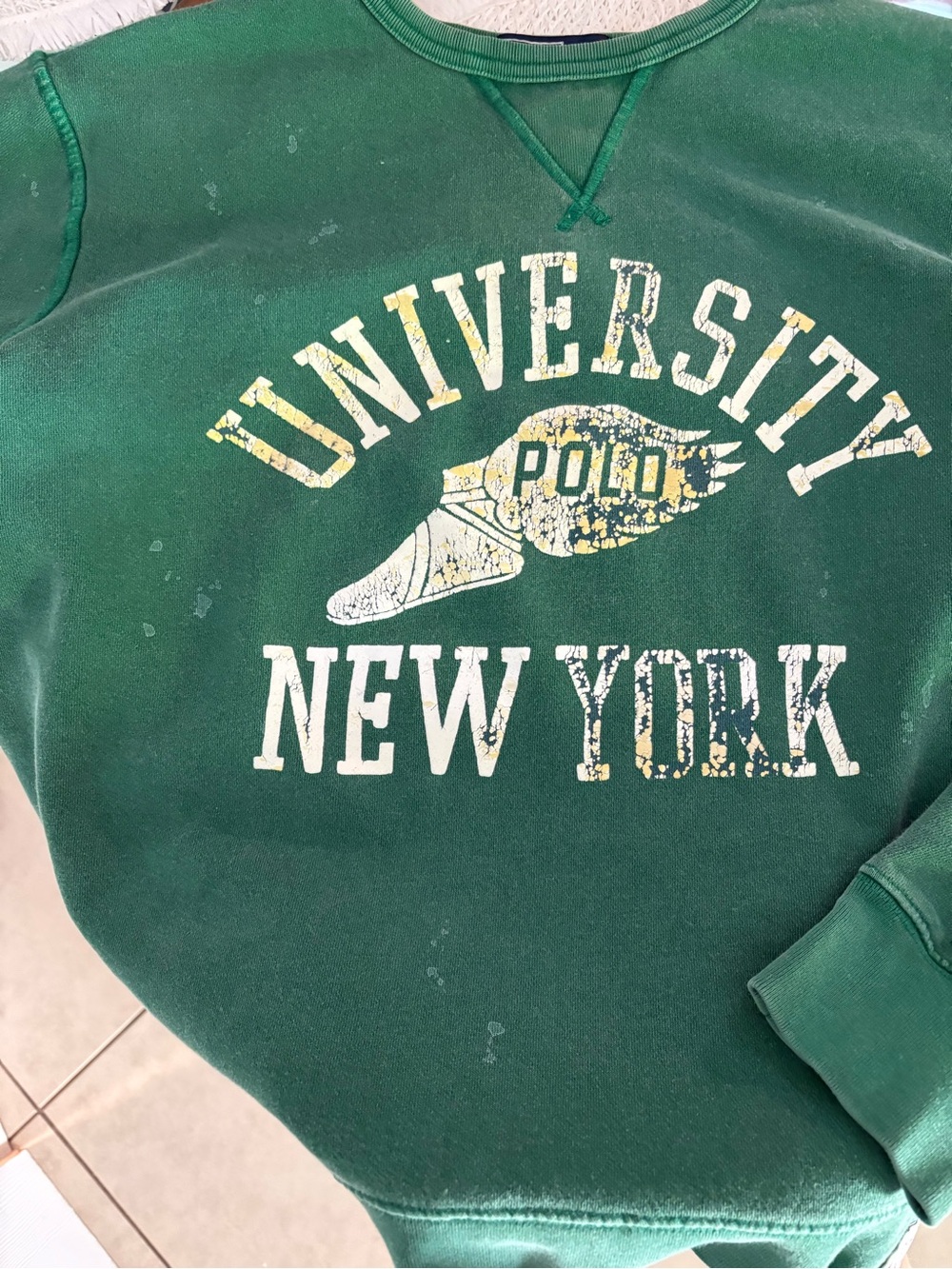 Ralph Lauren Green Pullover Sweatshirt with Distressed University Graphic